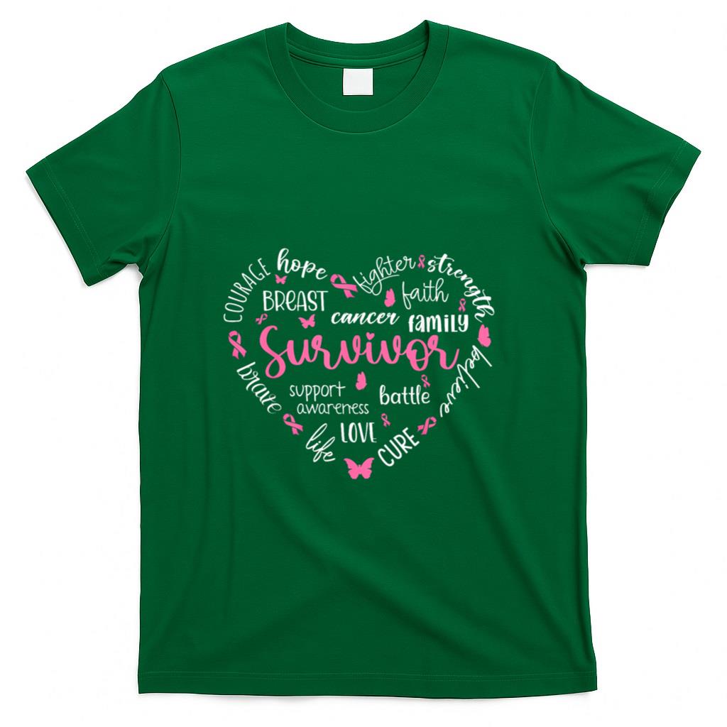 Pink Ribbon Heart Breast Cancer Awareness Survivor Warrior T-Shirt