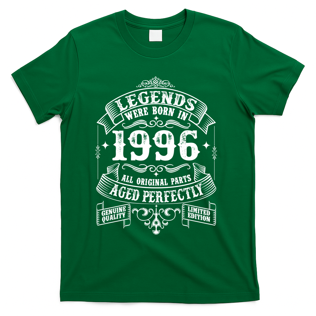 30th Birthday Vintage Scroll Border Legends Were Born Age Perfectly 1996 T-Shirt - Green