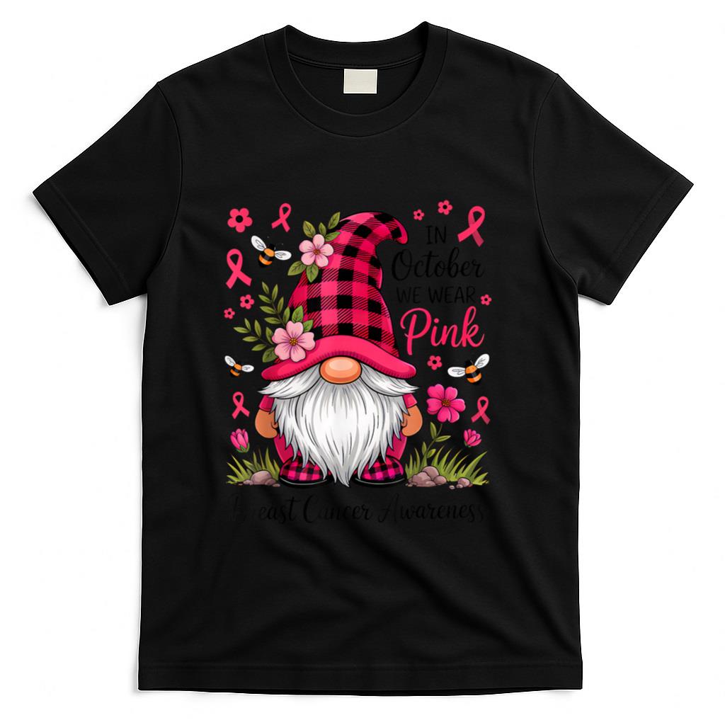 In October We Wear Pink Ribbon Warrior Gnomes Breast Cancer T-Shirt