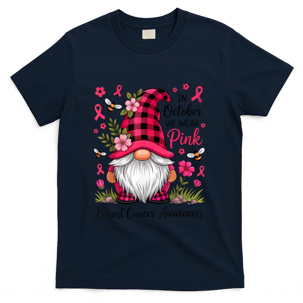 In October We Wear Pink Ribbon Warrior Gnomes Breast Cancer T-Shirt