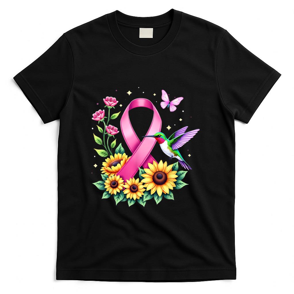 Hummingbird Sunflower Pink Ribbon Breast Cancer Awareness T-Shirt