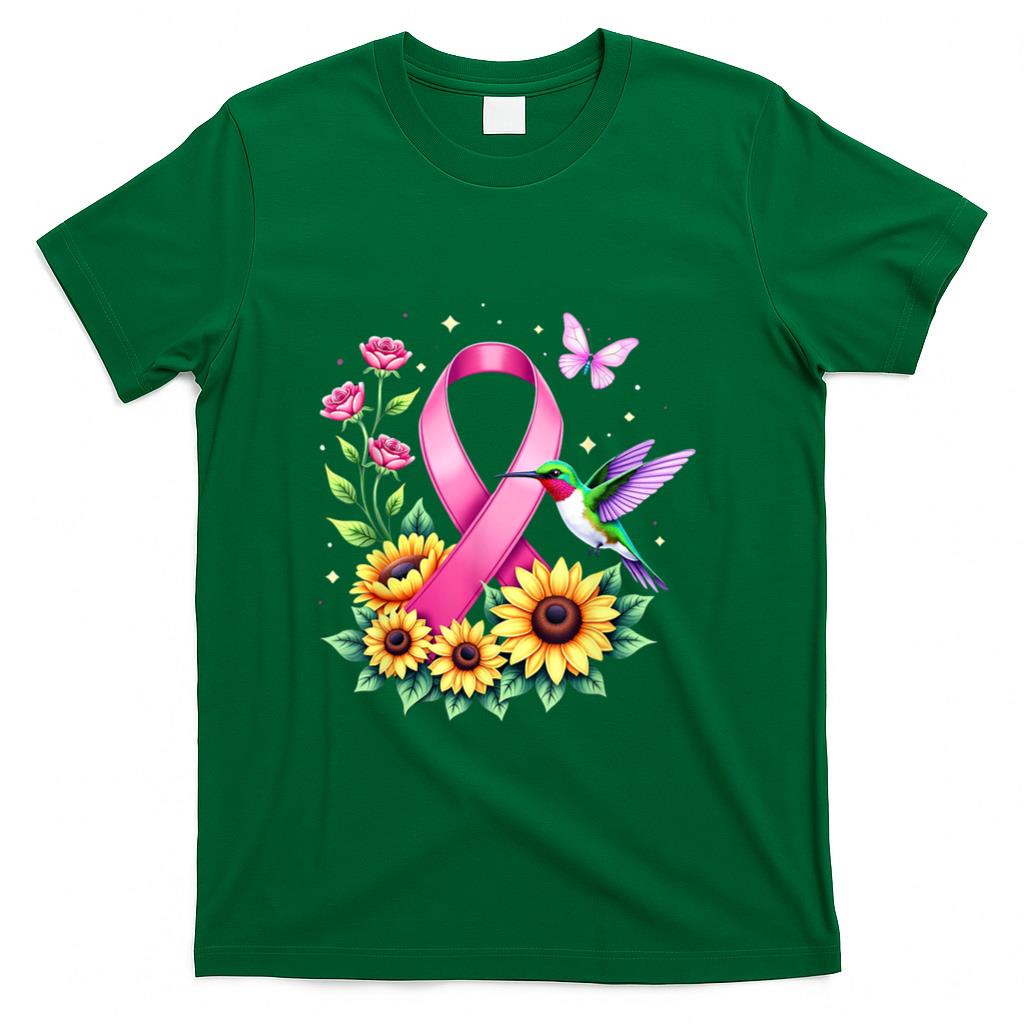 Hummingbird Sunflower Pink Ribbon Breast Cancer Awareness T-Shirt