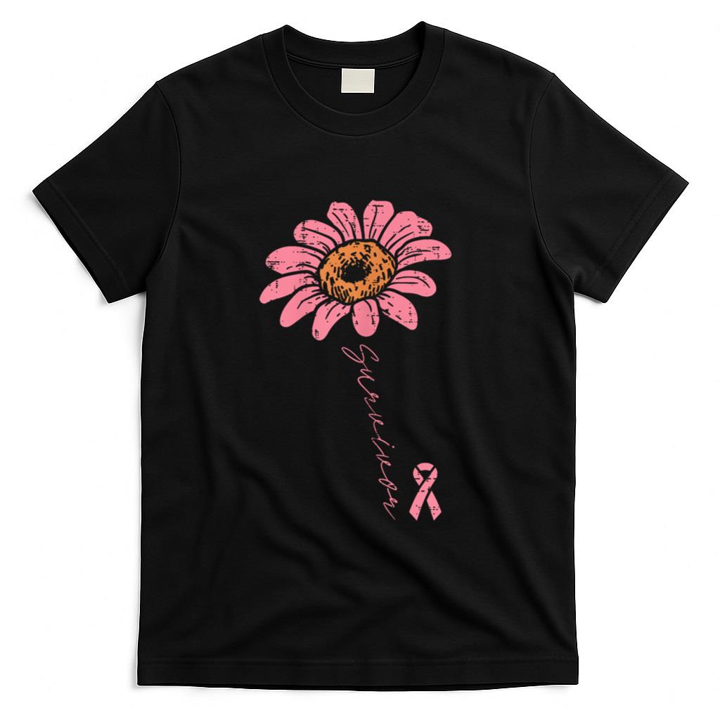 Sunflower Pink Ribbon Breast Cancer Survivor Awareness Women T-Shirt