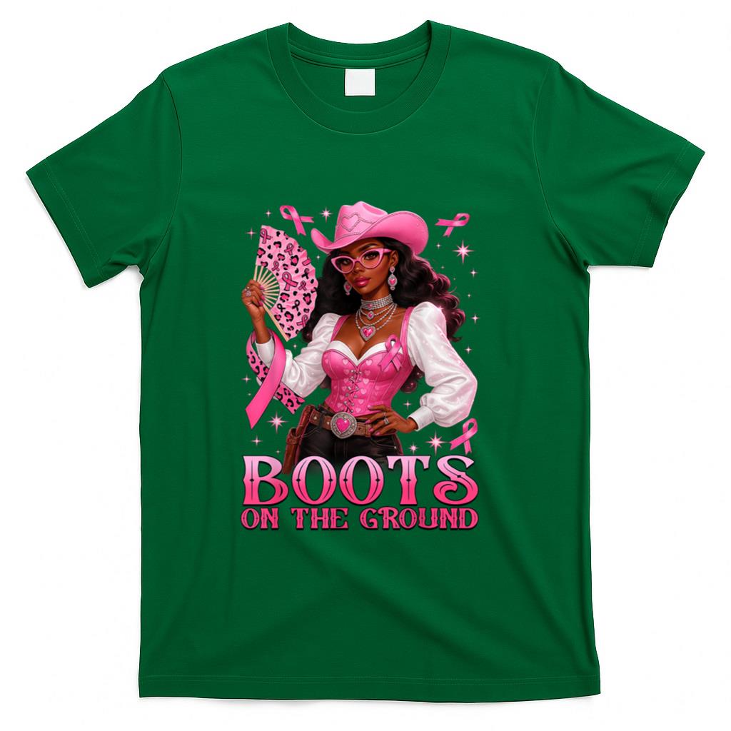 Boots On The Ground Pink Cowgirl Breast Cancer Western T-Shirt
