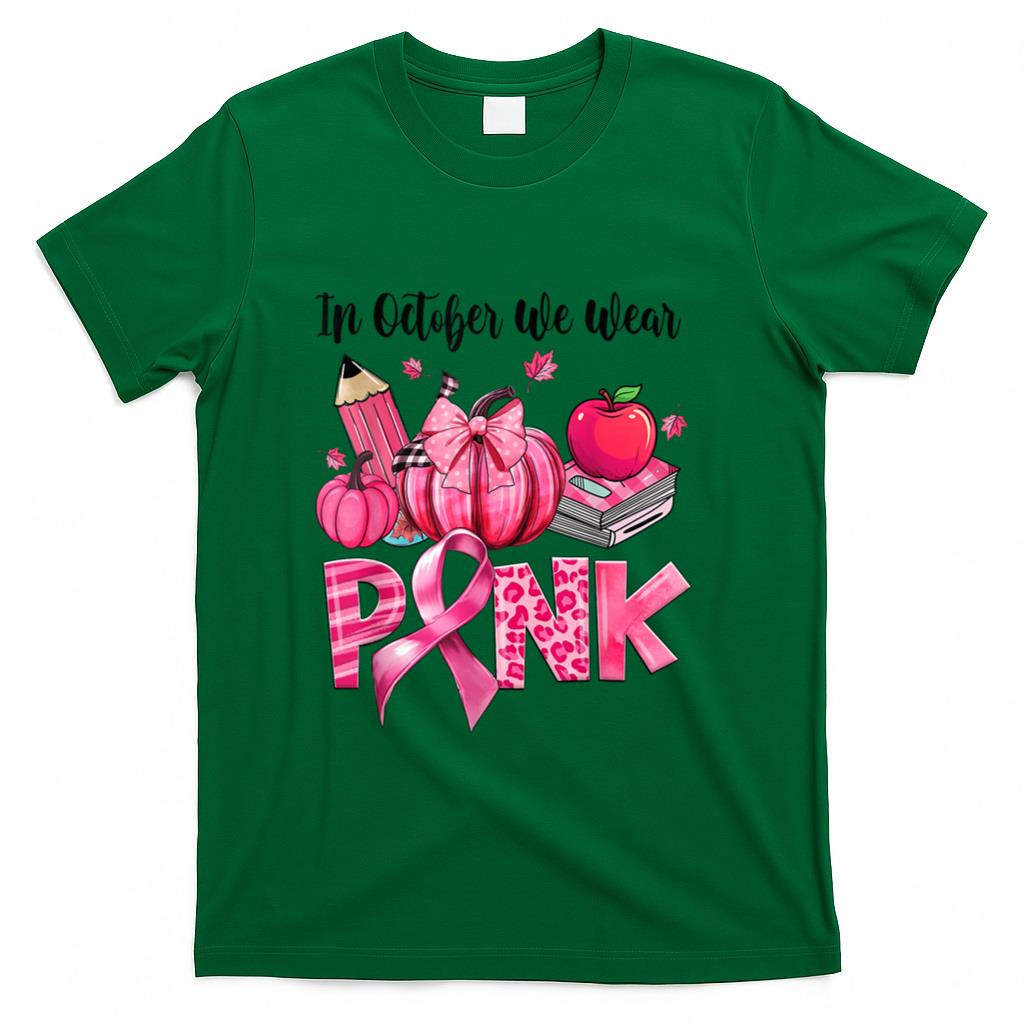 In October We Wear Pink Apple Teacher Pumpkin Breast Cancer T-Shirt