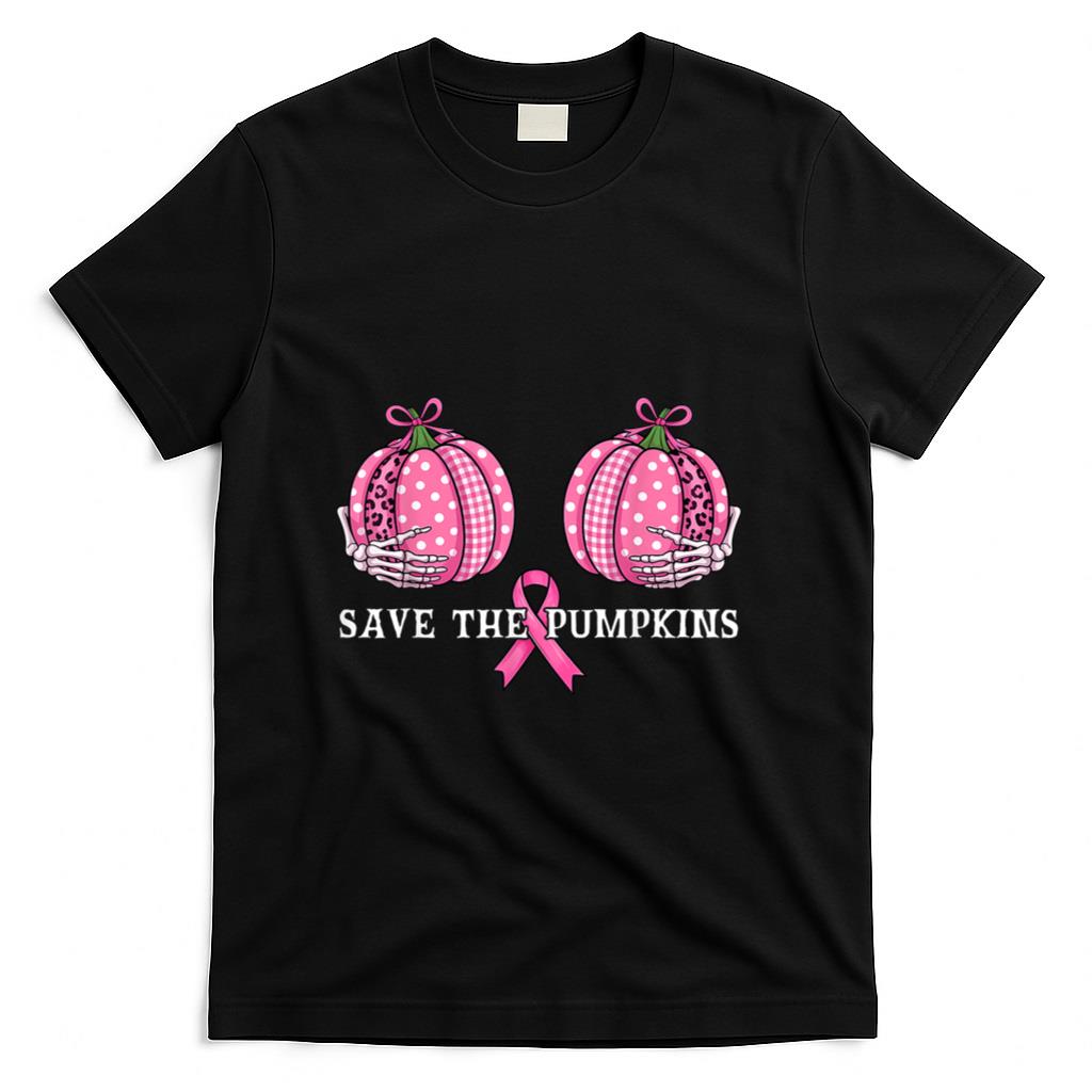 Funny Save The Pumpkins Breast Cancer Awareness Pink Ribbon T-Shirt