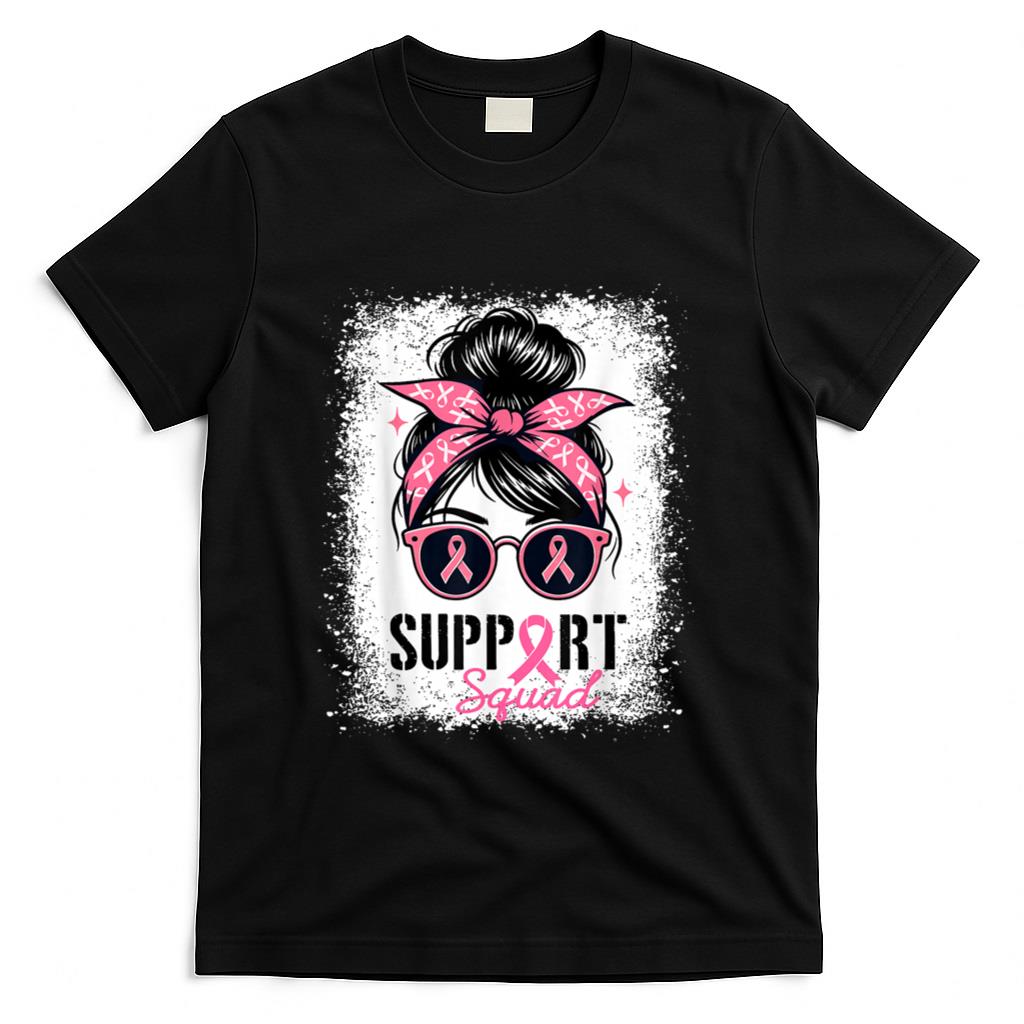 Support Squad Messy Bun Pink Warrior Breast Cancer Awareness T-Shirt_1