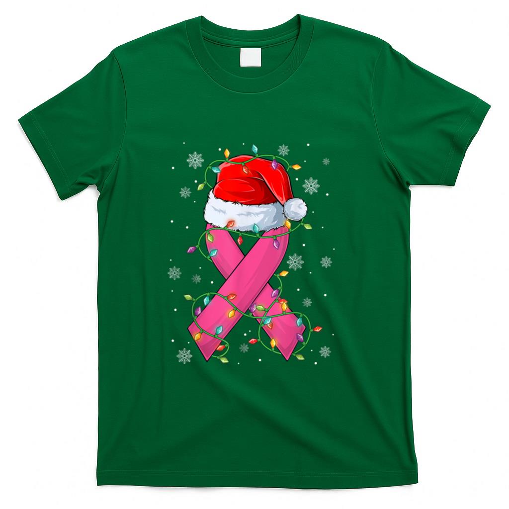 Pink Ribbon Santa Hat Christmas Tree Lights Breast Cancer T-Shirt