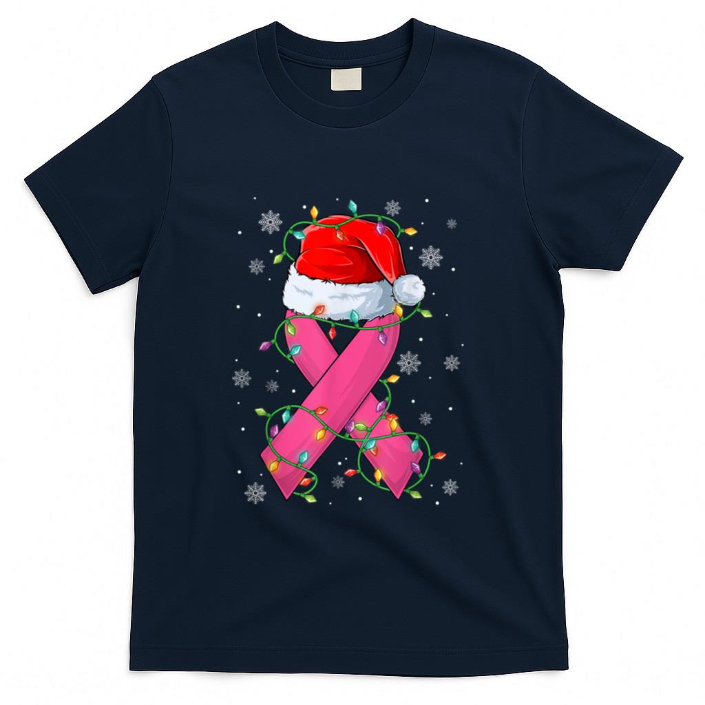Pink Ribbon Santa Hat Christmas Tree Lights Breast Cancer T-Shirt
