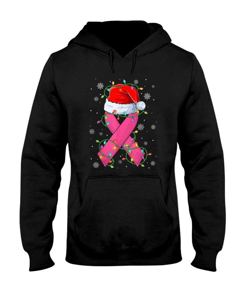 Pink Ribbon Santa Hat Christmas Tree Lights Breast Cancer T-Shirt