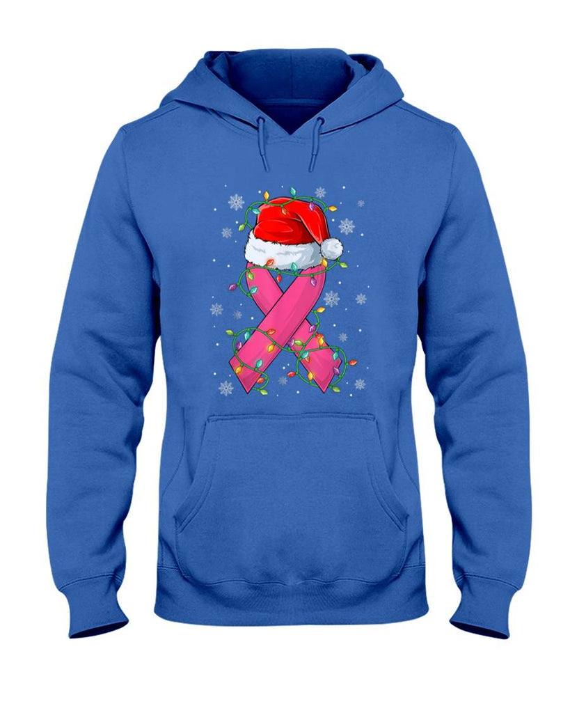Pink Ribbon Santa Hat Christmas Tree Lights Breast Cancer T-Shirt