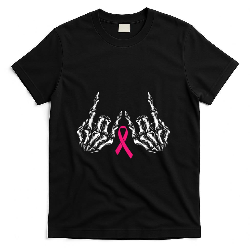 Skeleton Rock Hand Breast Cancer Awareness Cool Pink Ribbon T-Shirt