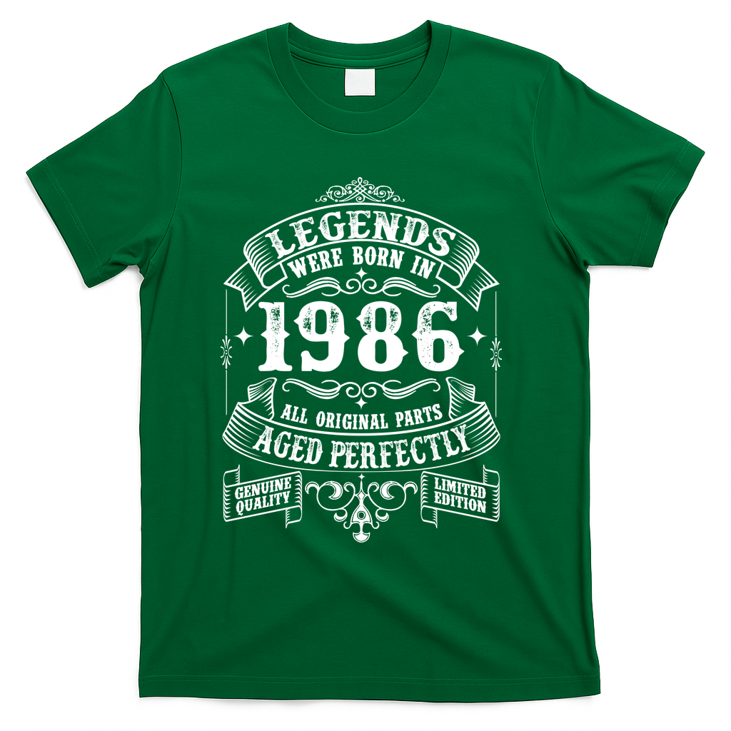 40th Birthday Vintage Scroll Border Legends Were Born Age Perfectly 1986 T-Shirt - Green
