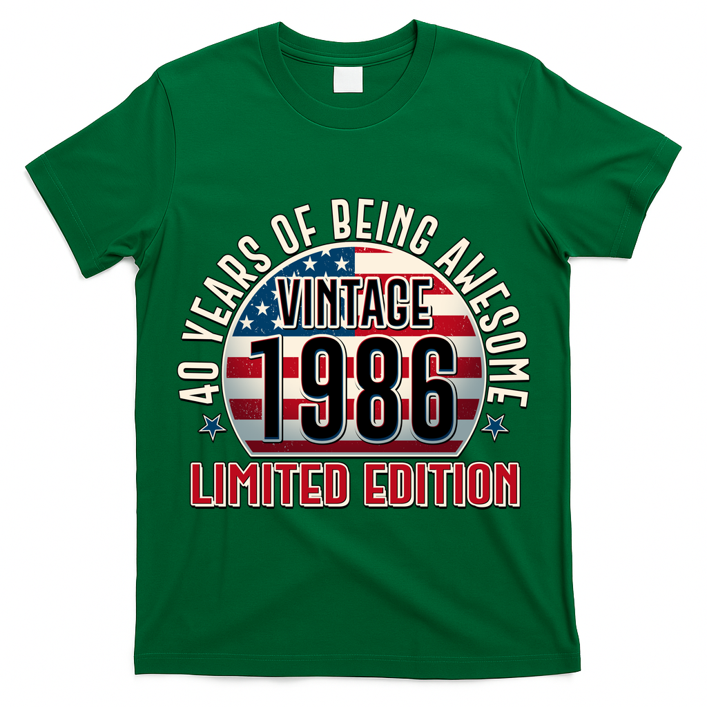 40th Birthday Vintage 1986 Limited Edition Years Of Being Awesome USA Flag  T-Shirt