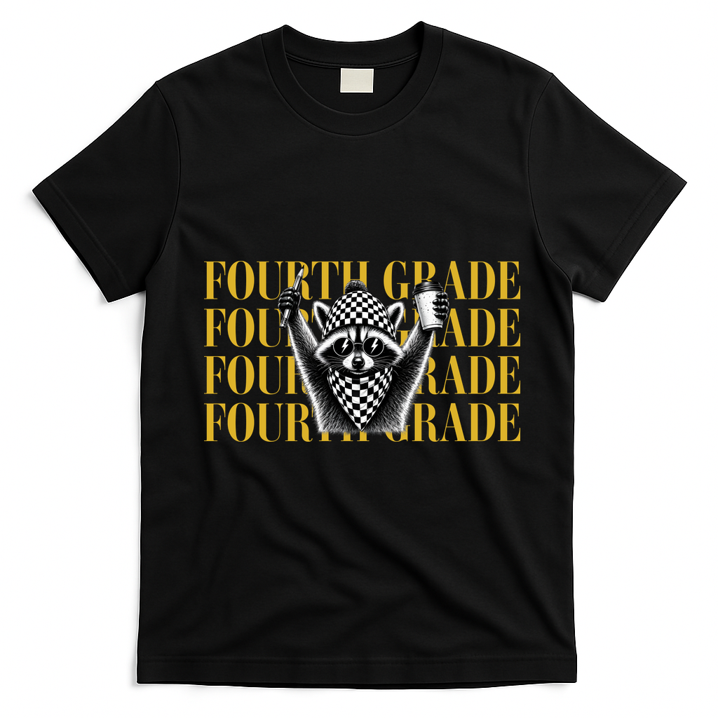 4th Fourth Grade Funny Raccoon Back To School T-Shirt - Black