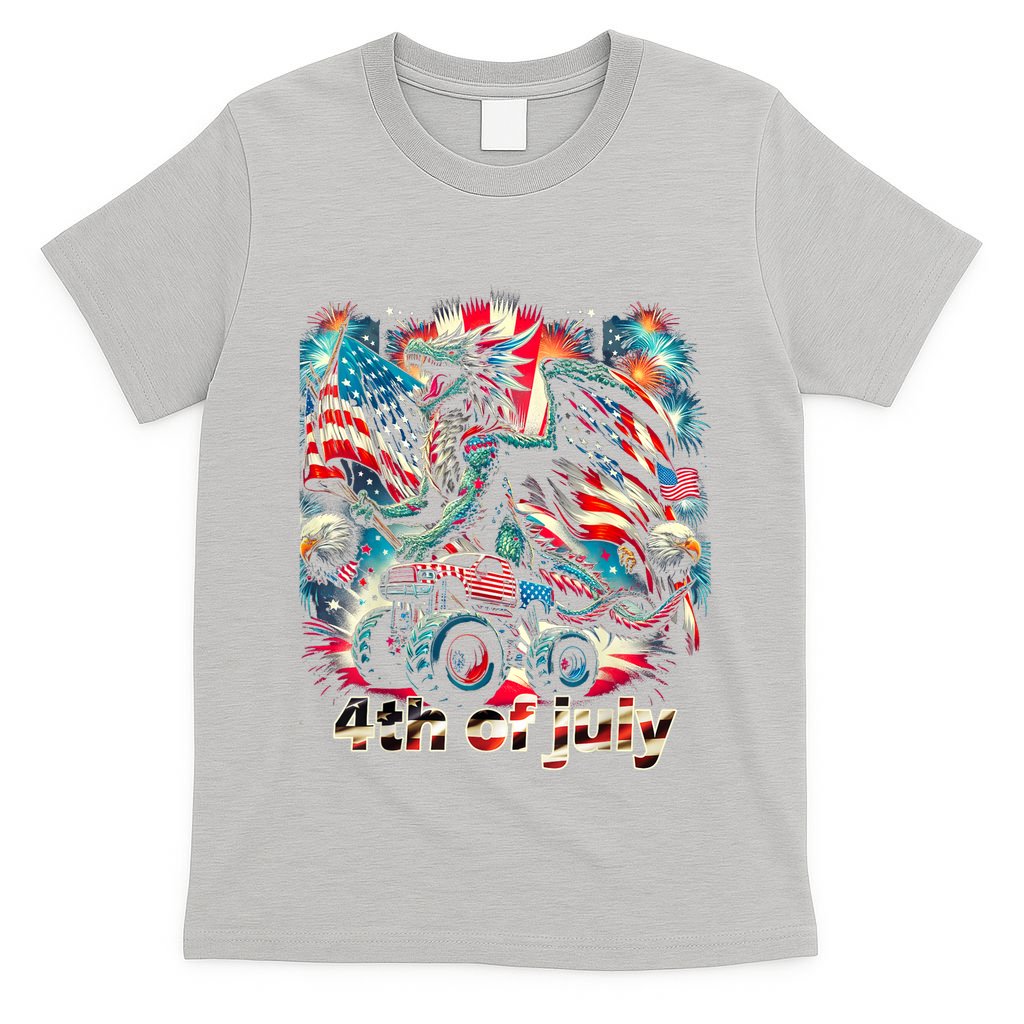 4th Of July Dragon Monster Truck Bald Eagle American Flag T-Shirt