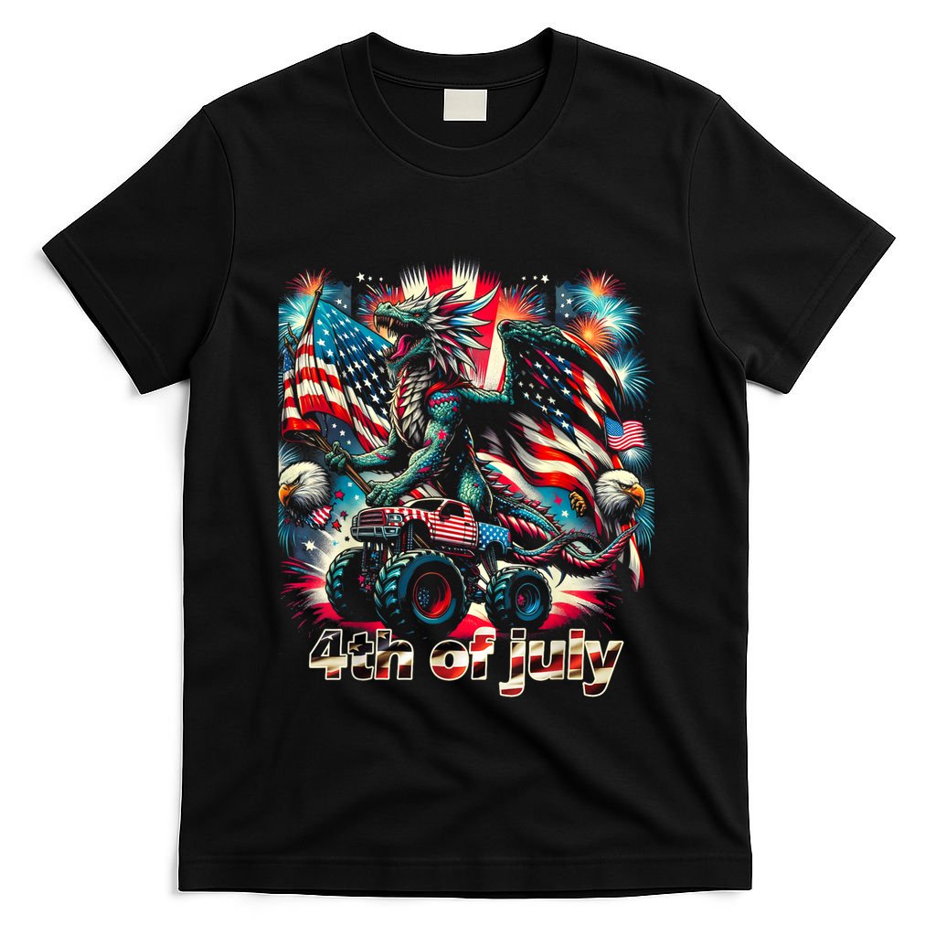 4th Of July Dragon Monster Truck Bald Eagle American Flag T-Shirt