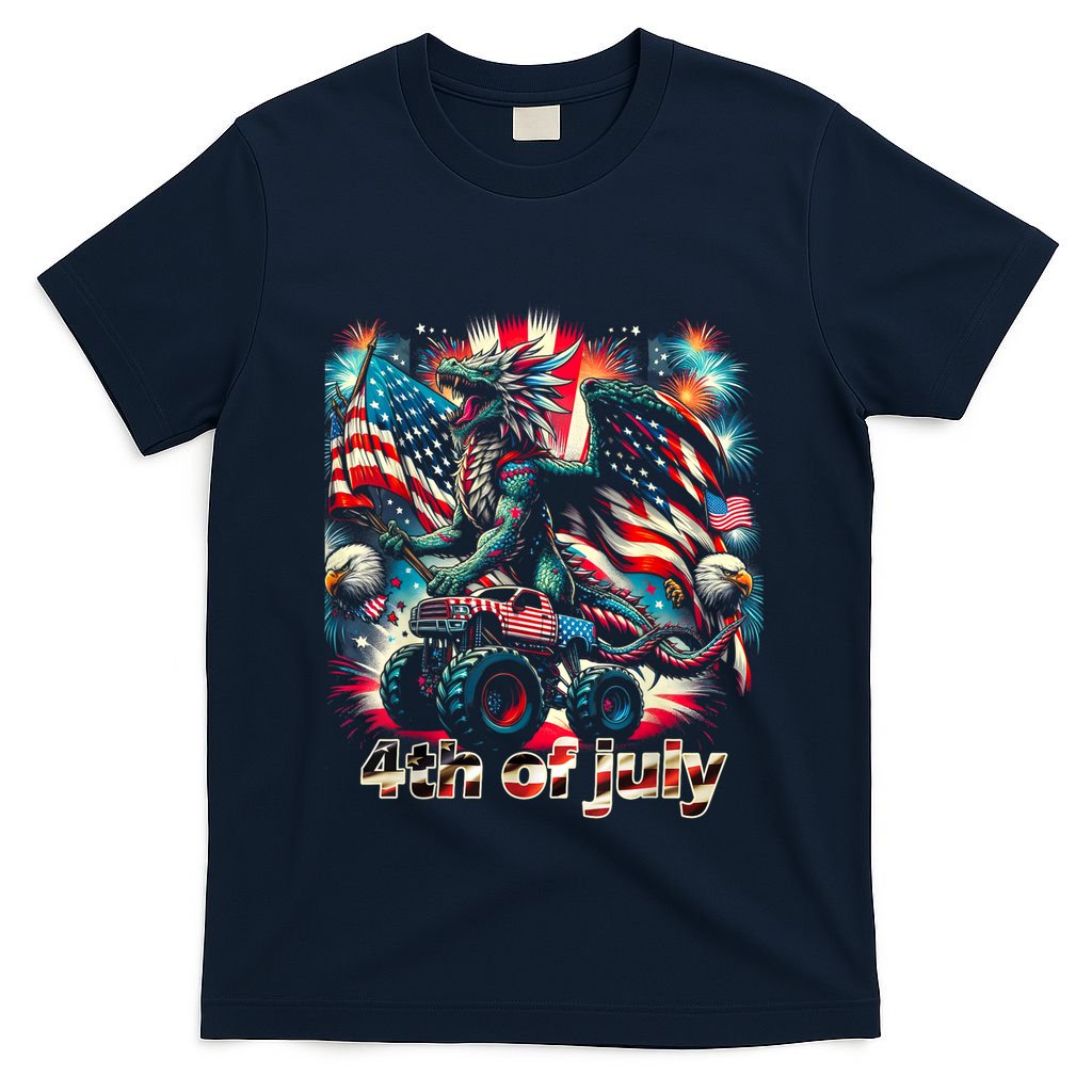 4th Of July Dragon Monster Truck Bald Eagle American Flag T-Shirt