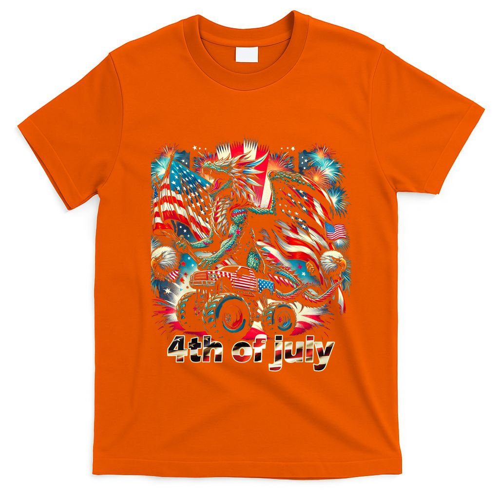 4th Of July Dragon Monster Truck Bald Eagle American Flag T-Shirt