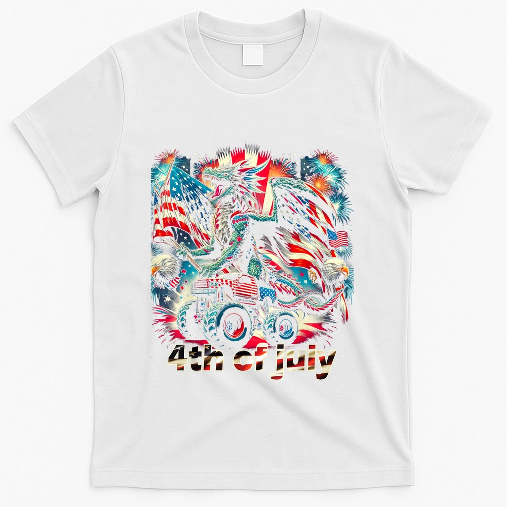4th Of July Dragon Monster Truck Bald Eagle American Flag T-Shirt