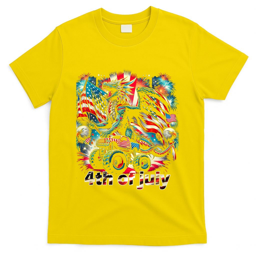 4th Of July Dragon Monster Truck Bald Eagle American Flag T-Shirt
