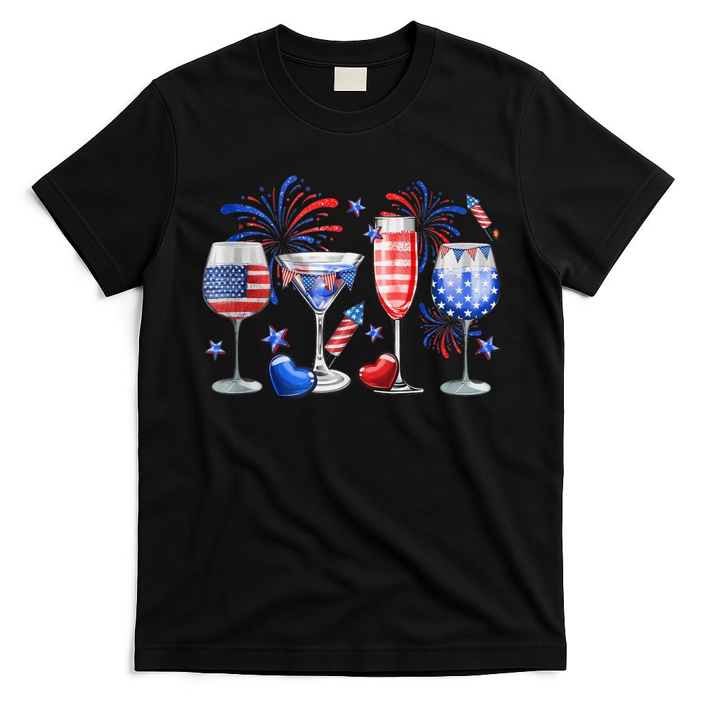 4th Of July Wine Glasses Independence Day American Flag  T-Shirt