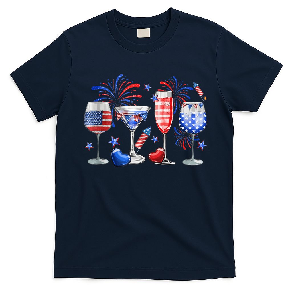 4th Of July Wine Glasses Independence Day American Flag  T-Shirt