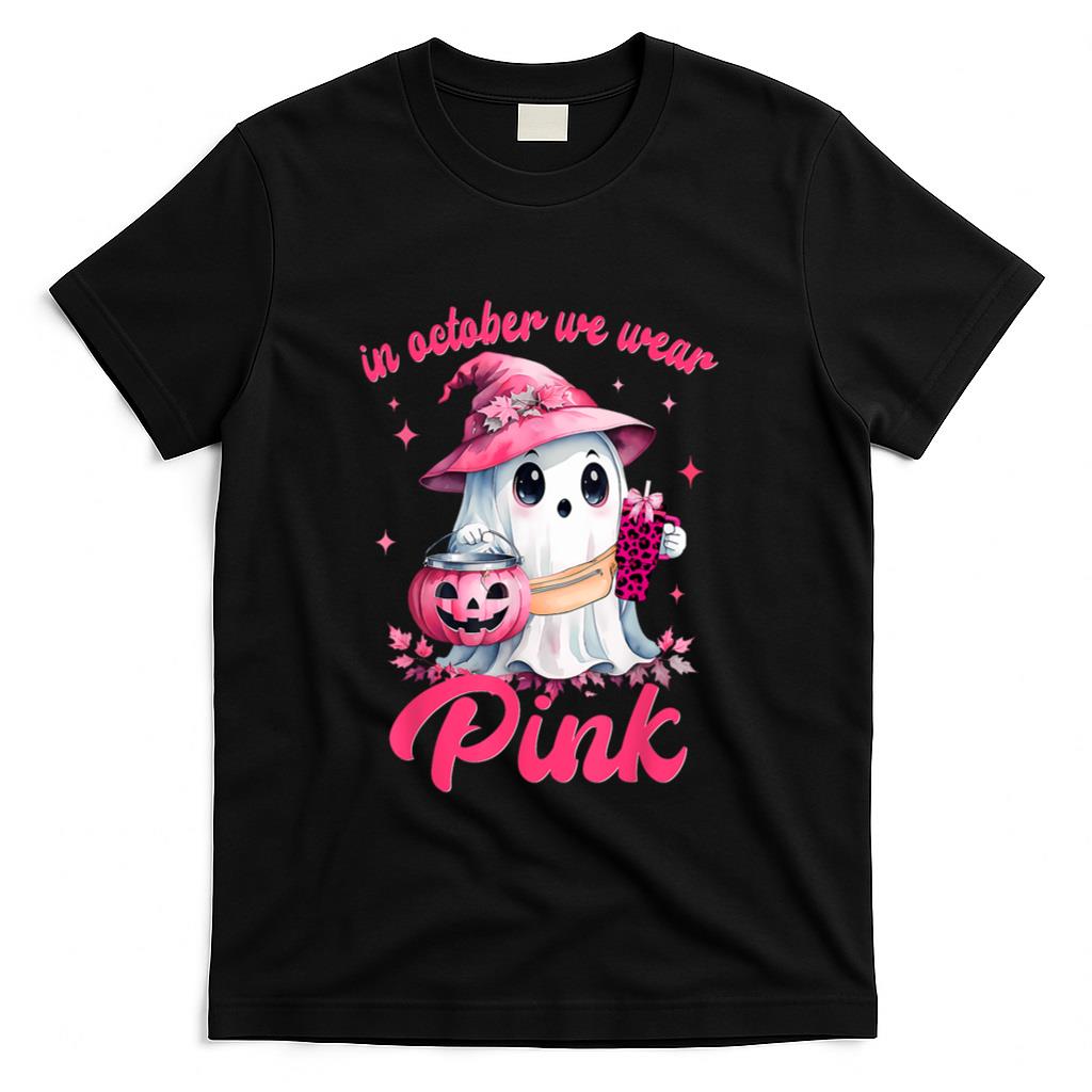 In October We Wear Pink Ghost Witch Breast Cancer Awareness T-Shirt_8
