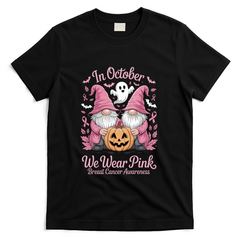 in October We Wear Pink Ghost Gnomes Breast Cancer Awareness Long Sleeve T-Shirt