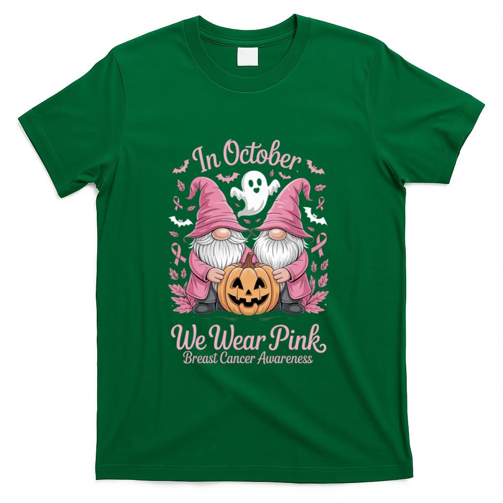 in October We Wear Pink Ghost Gnomes Breast Cancer Awareness Long Sleeve T-Shirt