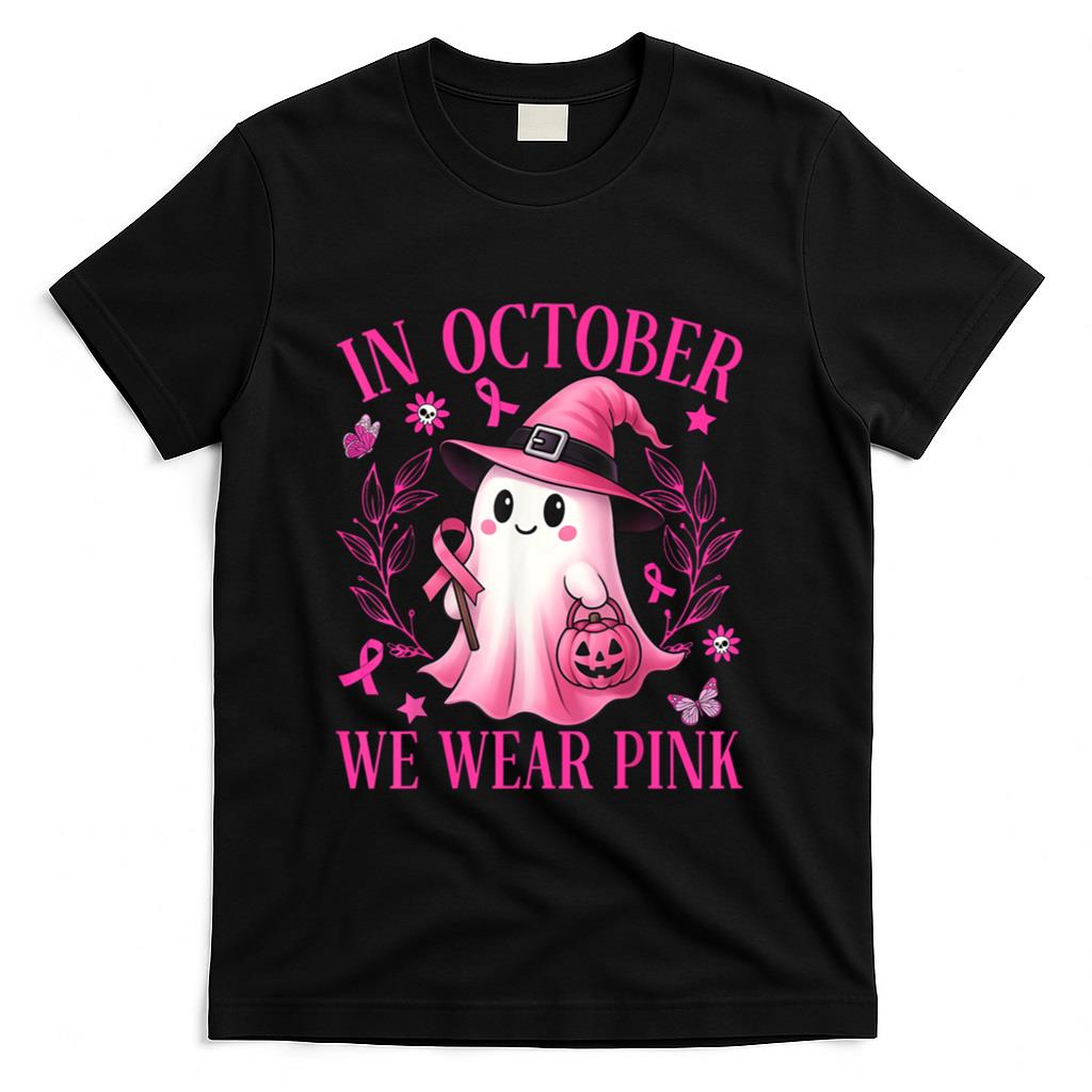 In October We Wear Pink Ghost Witch Breast Cancer Awareness T-Shirt_7