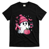 Cute Ghost Drinking Coffee Halloween Breast Cancer Awareness T-Shirt