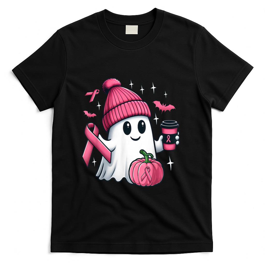 Cute Ghost Drinking Coffee Halloween Breast Cancer Awareness T-Shirt