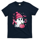 Cute Ghost Drinking Coffee Halloween Breast Cancer Awareness T-Shirt