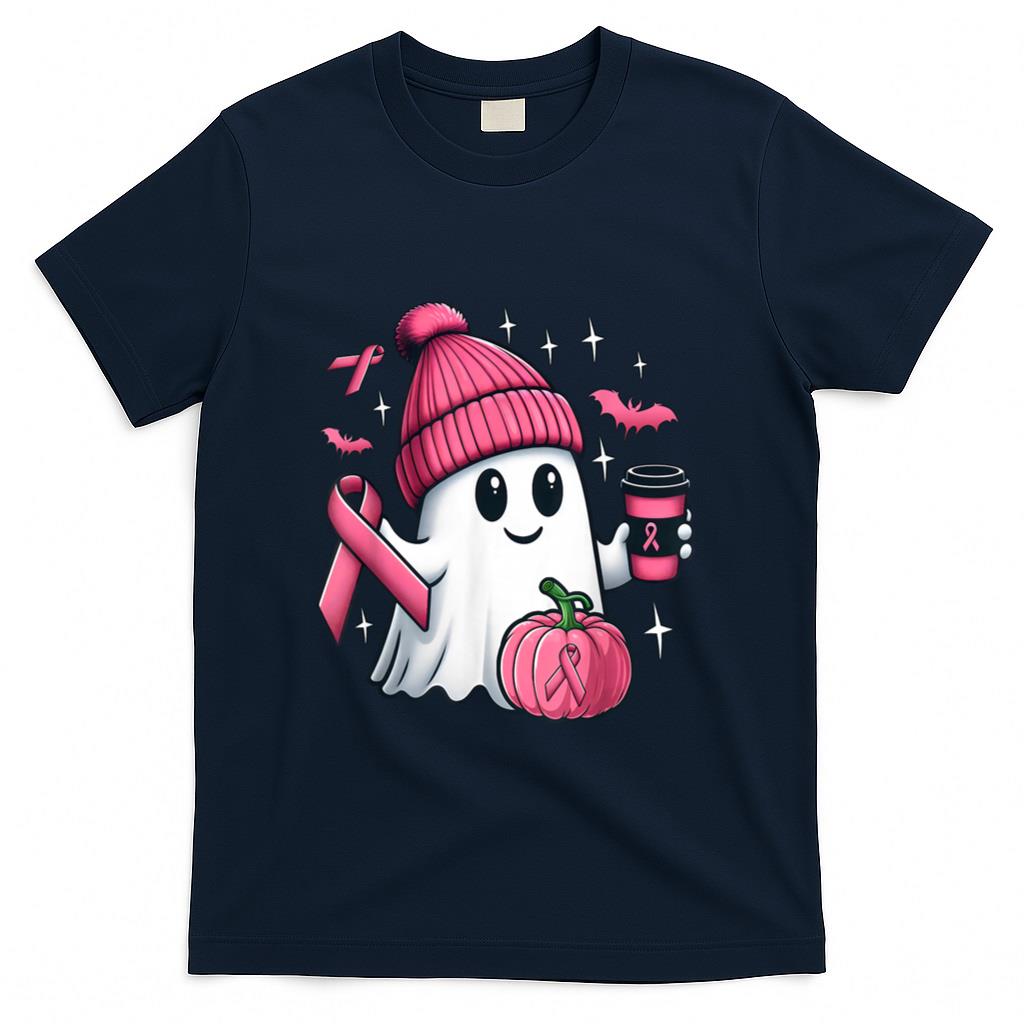 Cute Ghost Drinking Coffee Halloween Breast Cancer Awareness T-Shirt