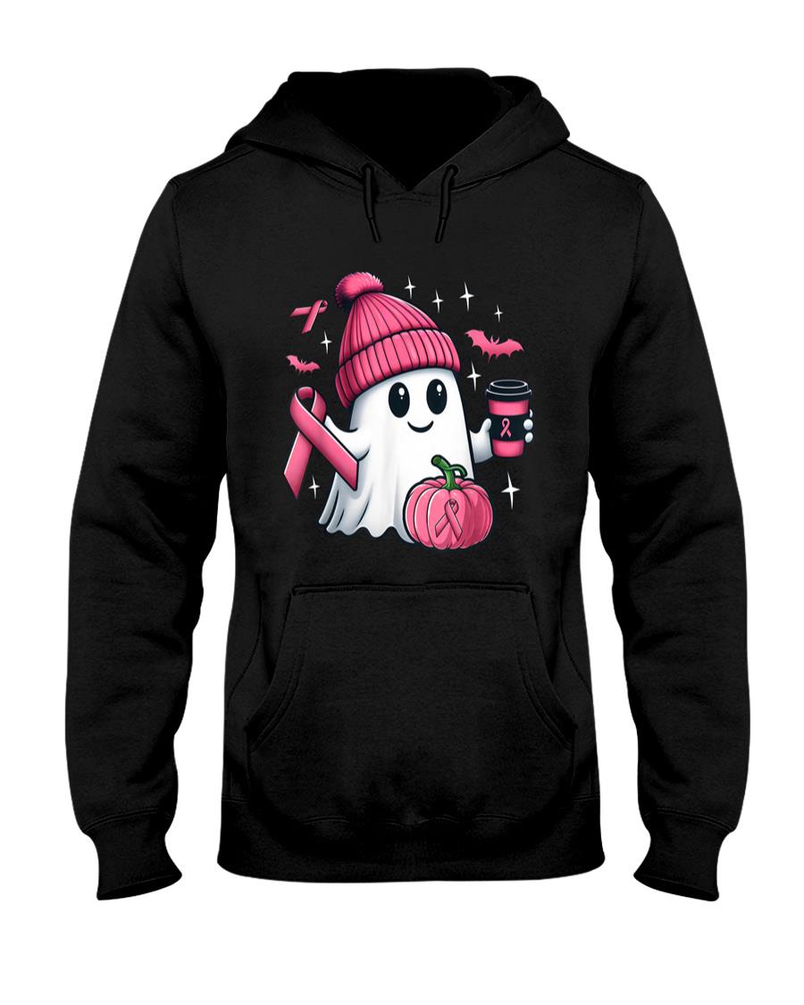 Cute Ghost Drinking Coffee Halloween Breast Cancer Awareness T-Shirt