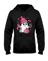 Cute Ghost Drinking Coffee Halloween Breast Cancer Awareness T-Shirt
