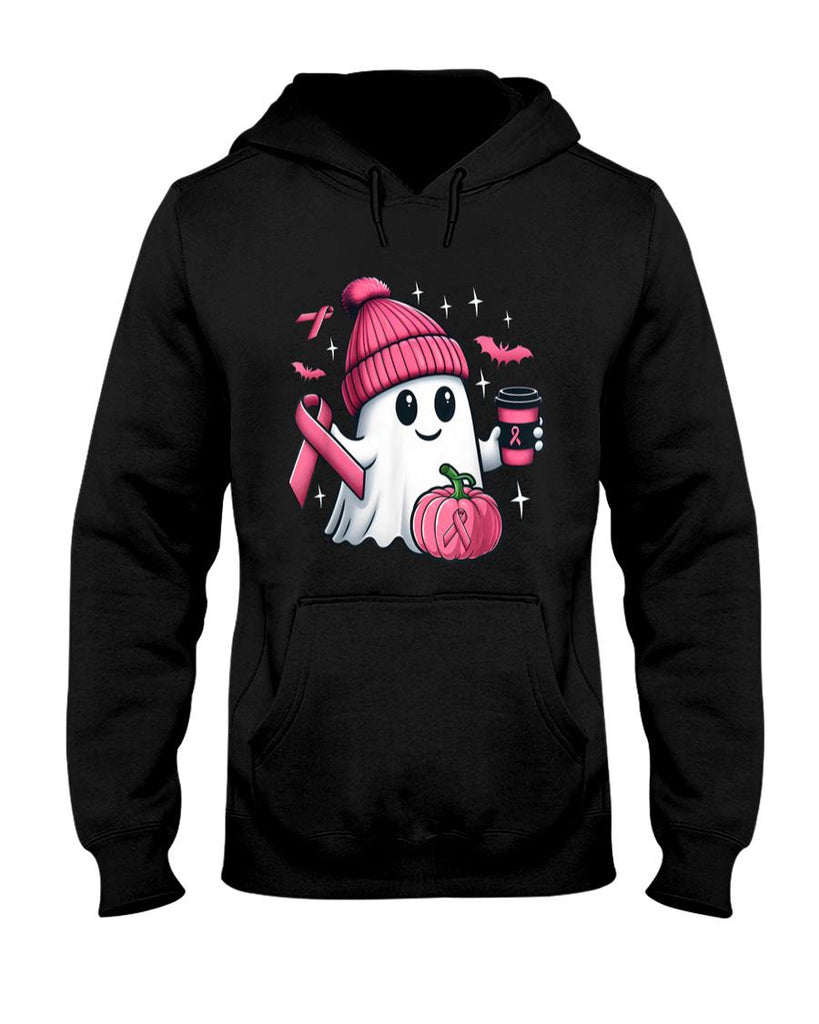 Cute Ghost Drinking Coffee Halloween Breast Cancer Awareness T-Shirt