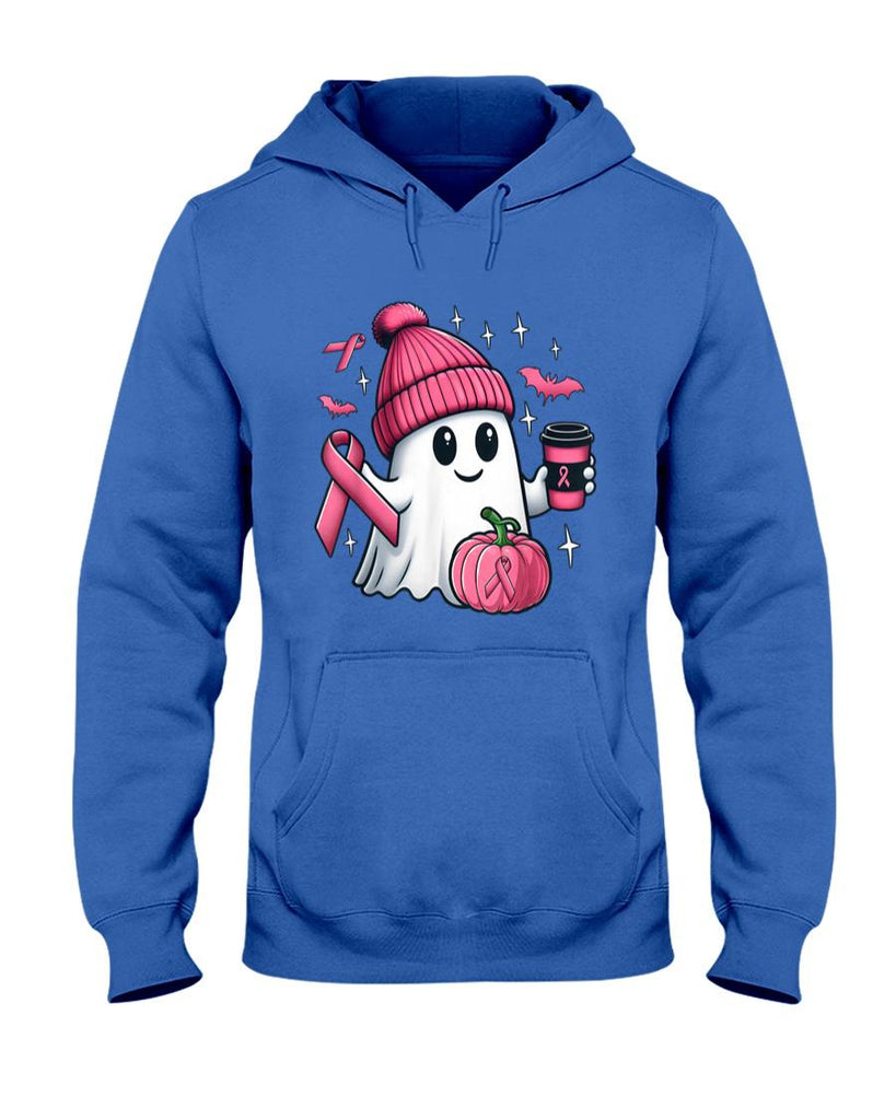 Cute Ghost Drinking Coffee Halloween Breast Cancer Awareness T-Shirt