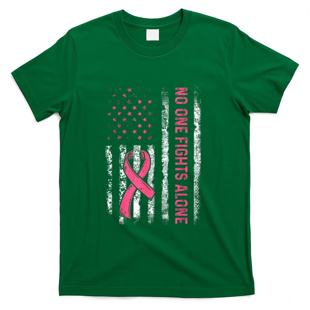 No One Fights Breast Cancer Alone American Flag Pink Ribbon T-Shirt