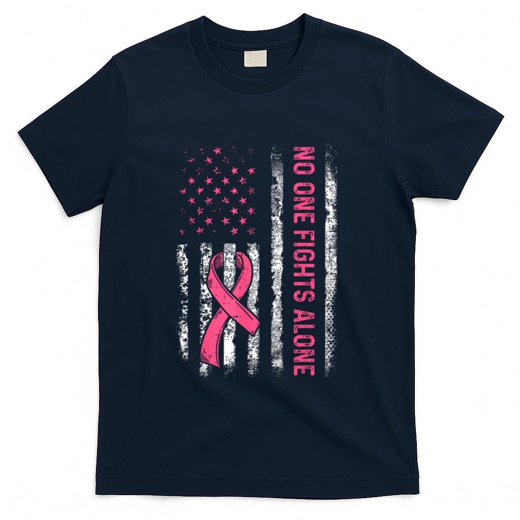 No One Fights Breast Cancer Alone American Flag Pink Ribbon T-Shirt