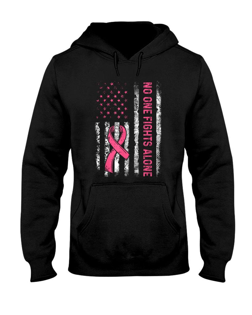 No One Fights Breast Cancer Alone American Flag Pink Ribbon T-Shirt