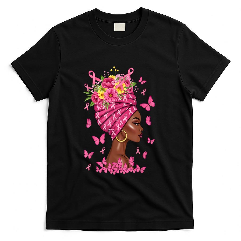 Breast Cancer Afro Girl Pink Ribbon Awareness Women T-Shirt