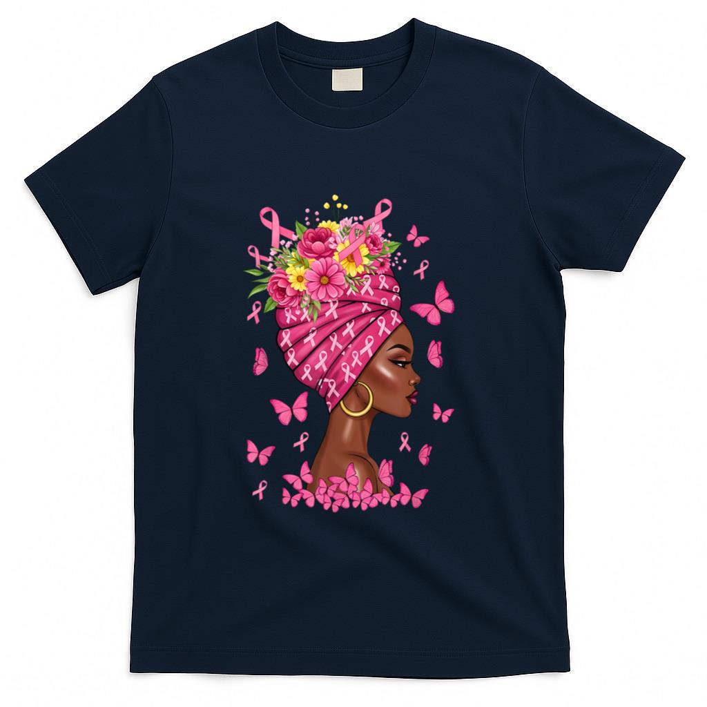 Breast Cancer Afro Girl Pink Ribbon Awareness Women T-Shirt