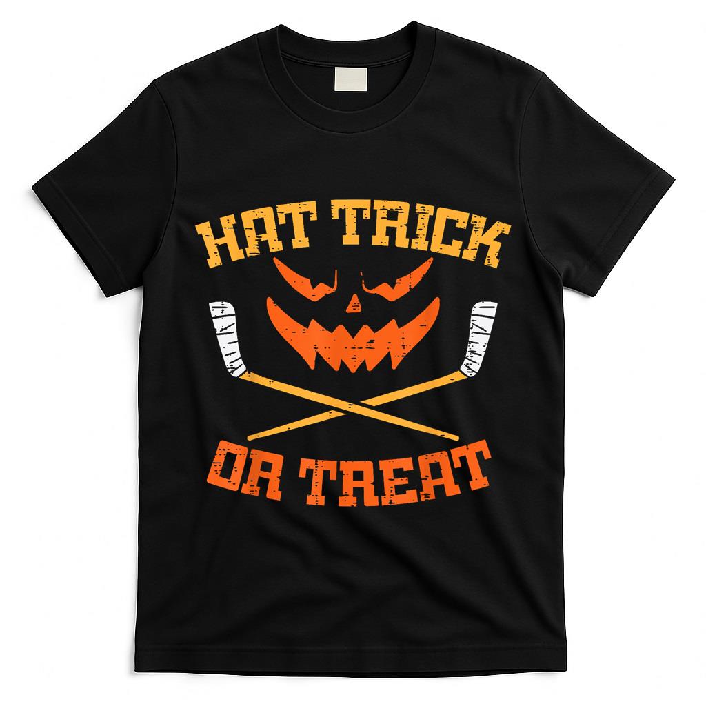 Hat Trick Or Treat Ice Hockey Halloween Boy Men Player Coach T-Shirt