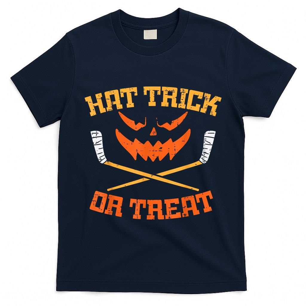 Hat Trick Or Treat Ice Hockey Halloween Boy Men Player Coach T-Shirt