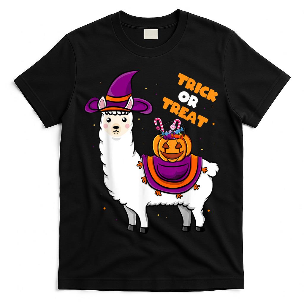 Halloween Cute Trick Or Treat Llama Witch Apparel Kids Girls T-Shirt