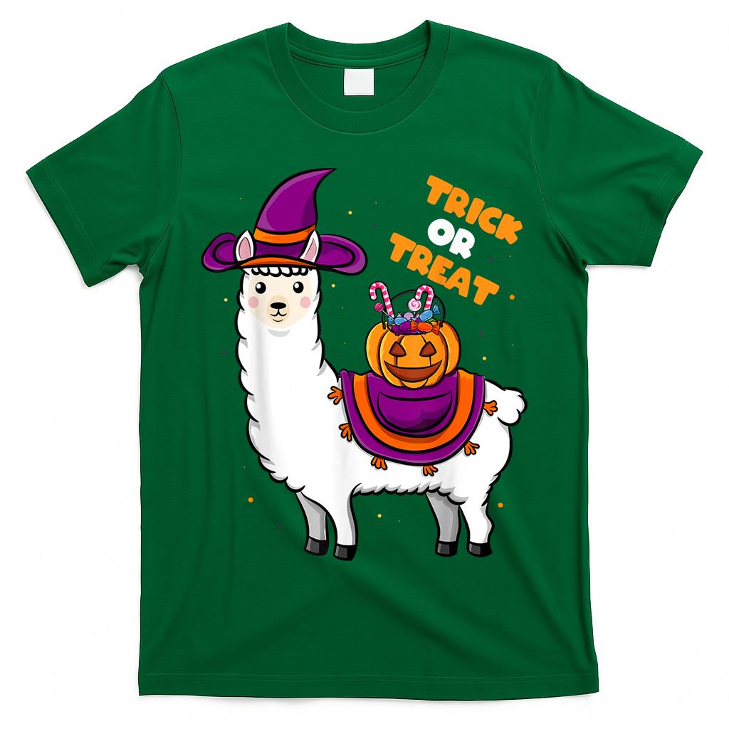 Halloween Cute Trick Or Treat Llama Witch Apparel Kids Girls T-Shirt