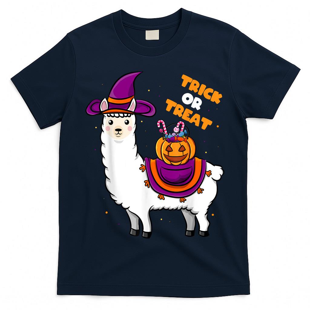Halloween Cute Trick Or Treat Llama Witch Apparel Kids Girls T-Shirt