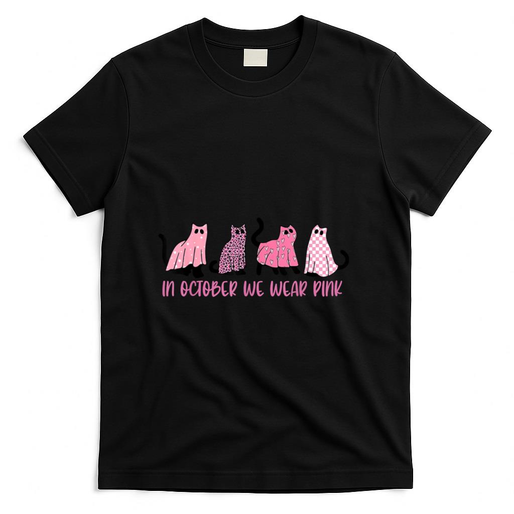 in October We Wear Pink Ghost Cats Breast Cancer Awareness T-Shirt